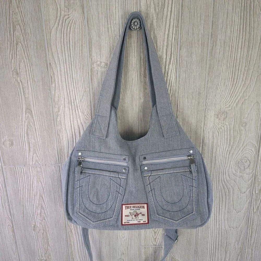 NWT True Religion Women's Denim Purse Pockets Horseshoe Logo Shoulder Bag Light